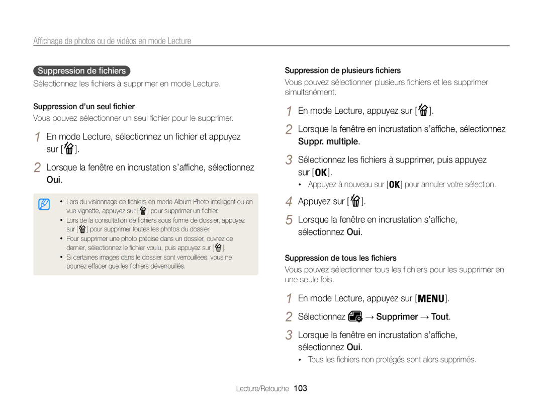 Samsung EC-WB850FBPBFR, EC-WB850FBPBE1 manual Suppression de fichiers , Appuyez à nouveau sur pour annuler votre sélection 